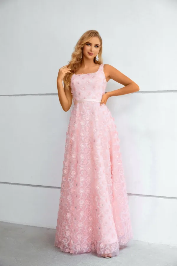Chic / Belle Rougissant Rose Appliques Paillettes Robe De Bal 2023 Princesse Encolure Carrée Sans Manches Dos Nu Longue Promo Robe De Ceremonie