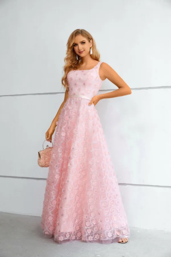 Chic / Belle Rougissant Rose Appliques Paillettes Robe De Bal 2023 Princesse Encolure Carrée Sans Manches Dos Nu Longue Promo Robe De Ceremonie