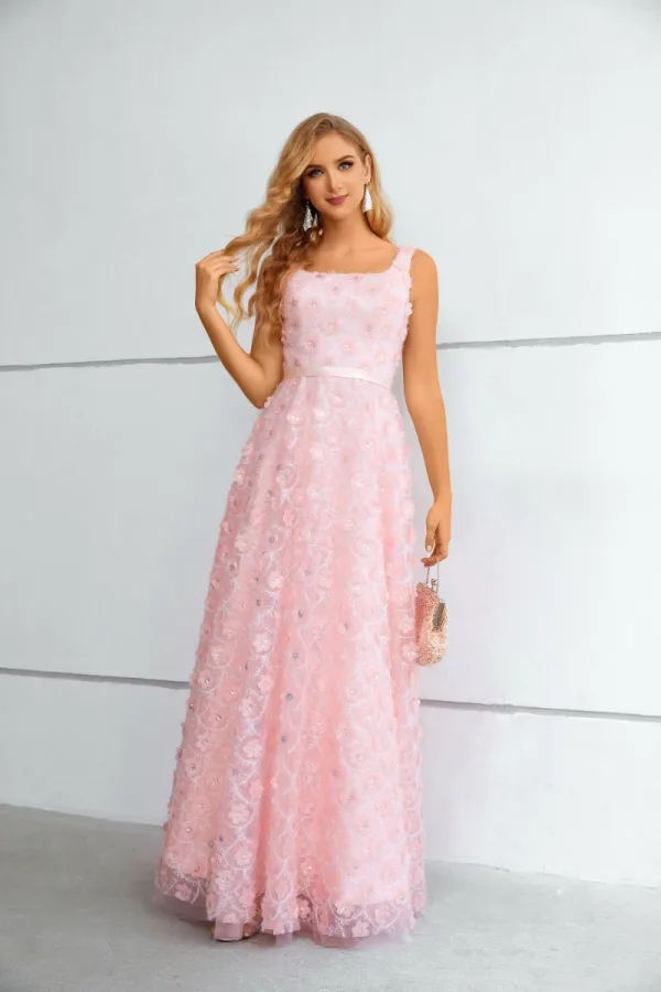 Chic / Belle Rougissant Rose Appliques Paillettes Robe De Bal 2023 Princesse Encolure Carrée Sans Manches Dos Nu Longue Promo Robe De Ceremonie