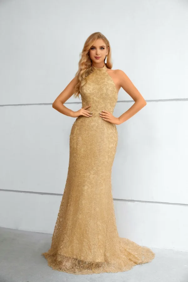 Sexy Gold Lace Sequins Evening Dresses Trumpet / Mermaid 2023 Halter Sleeveless Backless Floor-Length / Long Evening Party Formal Dresses
