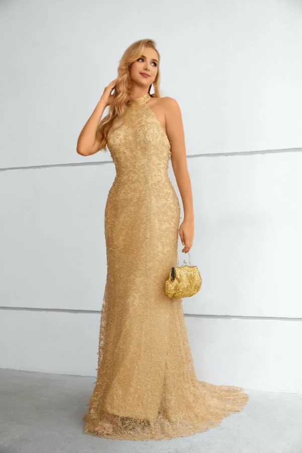 Sexy Gold Lace Sequins Evening Dresses Trumpet / Mermaid 2023 Halter Sleeveless Backless Floor-Length / Long Evening Party Formal Dresses