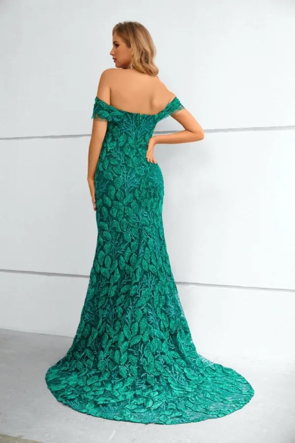 Chic / Beautiful Green Beading Lace Sequins Evening Dresses 2023 Trumpet / Mermaid Off-The-Shoulder Sleeveless Sweep Train Evening Party Formal Dresses