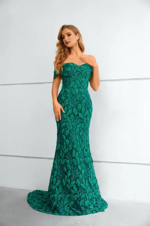 Chic / Beautiful Green Beading Lace Sequins Evening Dresses 2023 Trumpet / Mermaid Off-The-Shoulder Sleeveless Sweep Train Evening Party Formal Dresses