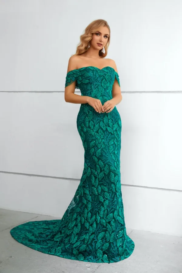 Chic / Beautiful Green Beading Lace Sequins Evening Dresses 2023 Trumpet / Mermaid Off-The-Shoulder Sleeveless Sweep Train Evening Party Formal Dresses