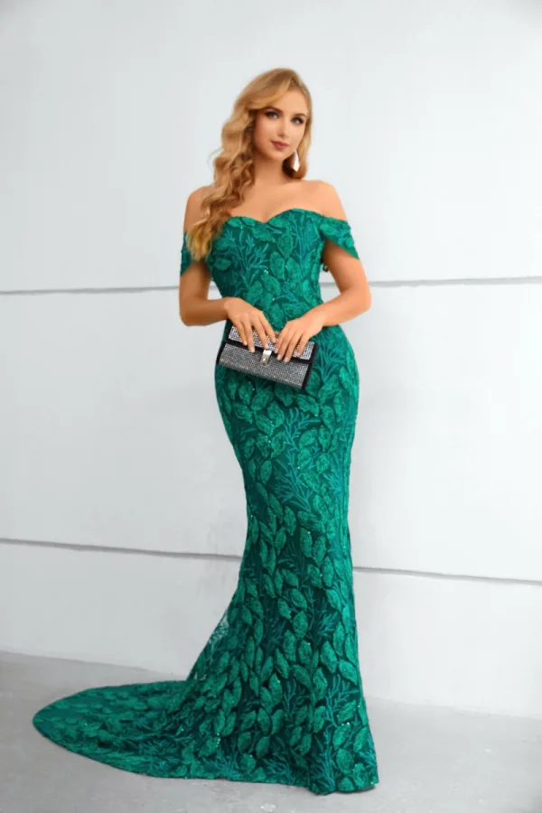 Chic / Beautiful Green Beading Lace Sequins Evening Dresses 2023 Trumpet / Mermaid Off-The-Shoulder Sleeveless Sweep Train Evening Party Formal Dresses