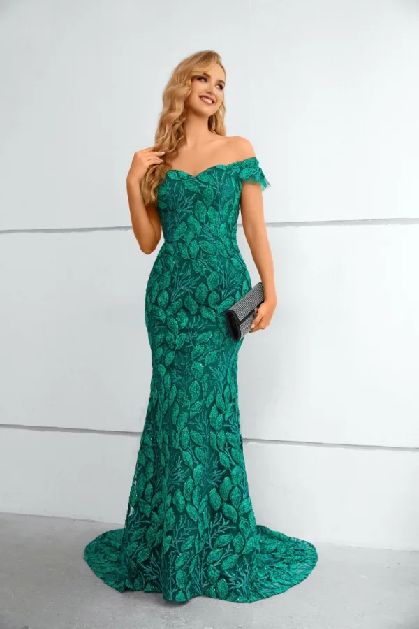 Chic / Beautiful Green Beading Lace Sequins Evening Dresses 2023 Trumpet / Mermaid Off-The-Shoulder Sleeveless Sweep Train Evening Party Formal Dresses