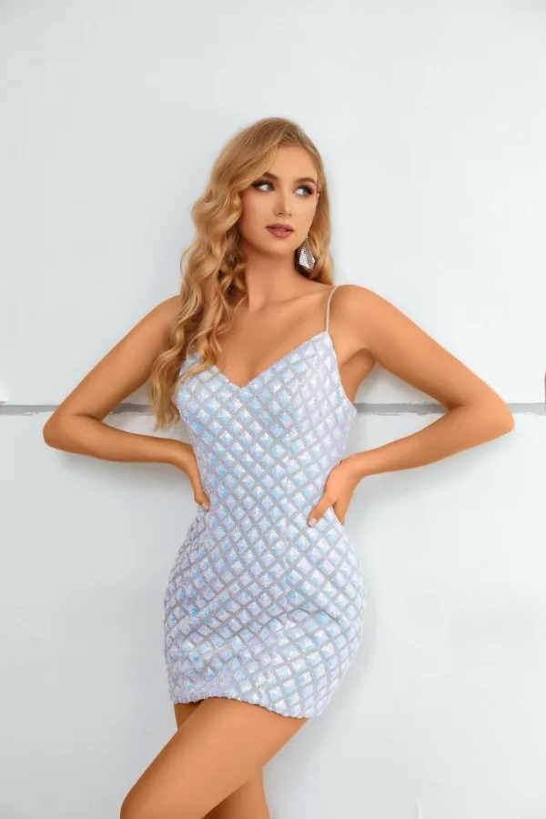 Sexy Bling Bling Weiß Pailletten Kurze Partykleider 2023 Spitze Spaghettiträger Ärmellos Cocktail Abend