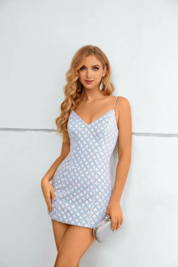 Sexy Bling Bling Weiß Pailletten Kurze Partykleider 2023 Spitze Spaghettiträger Ärmellos Cocktail Abend