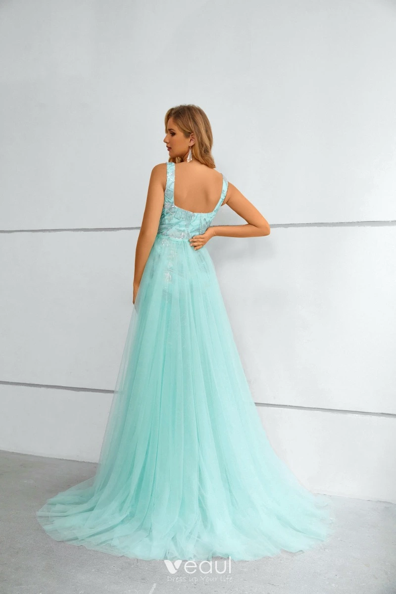 navy blue dress for baby girl Mint Green Tulle Lace A Line Appliques Long Prom Dresses