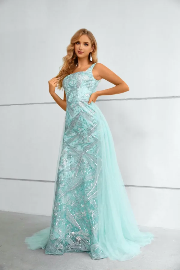 Charming Mint Green Lace Sequins Prom Dresses 2023 A-Line / Princess Square Neckline Sleeveless Floor-Length / Long Prom Formal Dresses