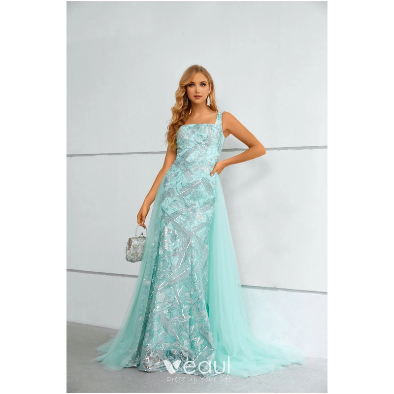 Charming Mint Green Lace Sequins Prom Dresses 2023 A-Line