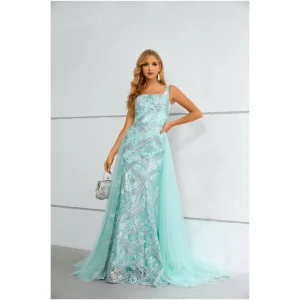 Charmant Vert Citron En Dentelle Paillettes Robe De Bal 2023 Princesse Encolure Carrée Sans Manches Longue Promo Robe De Ceremonie