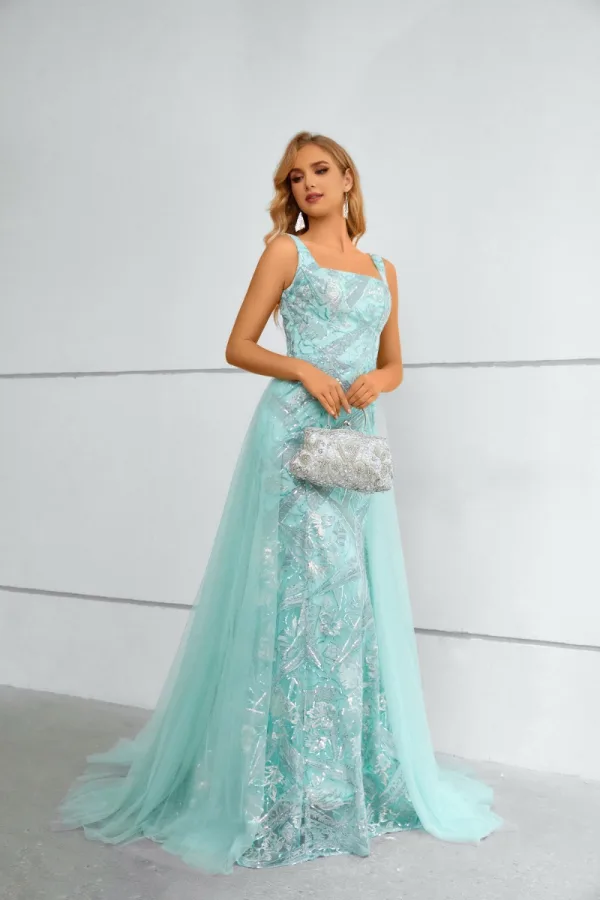 Charming Mint Green Lace Sequins Prom Dresses 2023 A-Line / Princess Square Neckline Sleeveless Floor-Length / Long Prom Formal Dresses