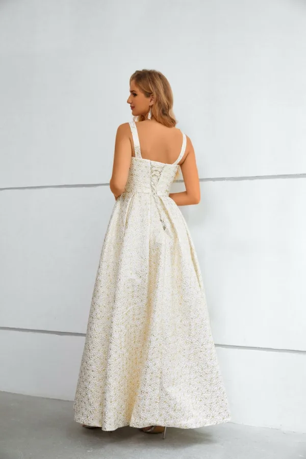 Fashion Ivory Flower Split Front Evening Dresses Prom Dresses 2023 A-Line / Princess Spaghetti Straps Sleeveless Backless Floor-Length / Long Evening Dresses
