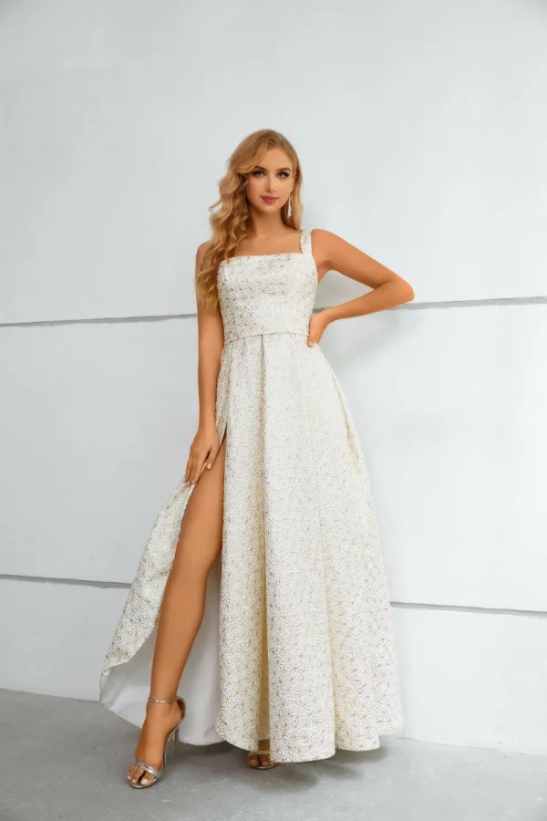 Fashion Ivory Flower Split Front Evening Dresses Prom Dresses 2023 A-Line / Princess Spaghetti Straps Sleeveless Backless Floor-Length / Long Evening Dresses