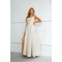 Mode Ivory / Creme Blumen Gespaltete Front Abendkleider Ballkleider 2023 A Linie Spaghettiträger Ärmellos Rückenfreies Lange Abendkleider