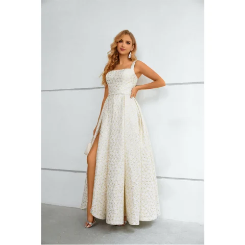 Mode Ivory / Creme Blumen Gespaltete Front Abendkleider Ballkleider 2023 A Linie Spaghettiträger Ärmellos Rückenfreies Lange Abendkleider
