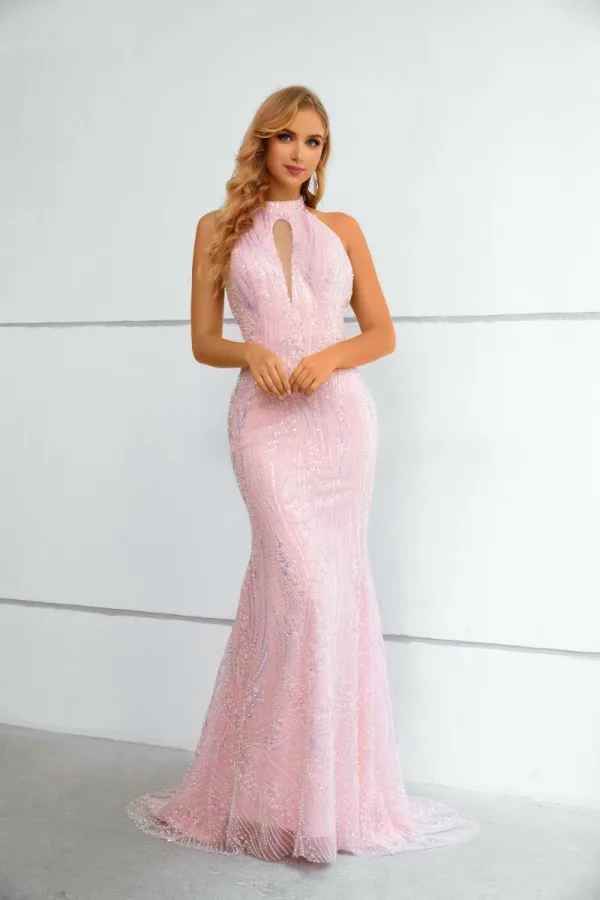 Sexy Rougissant Rose Perlage Paillettes Robe De Soirée 2023 Trompette / Sirène Titulaire Sans Manches Dos Nu Longue Soirée Robe De Ceremonie