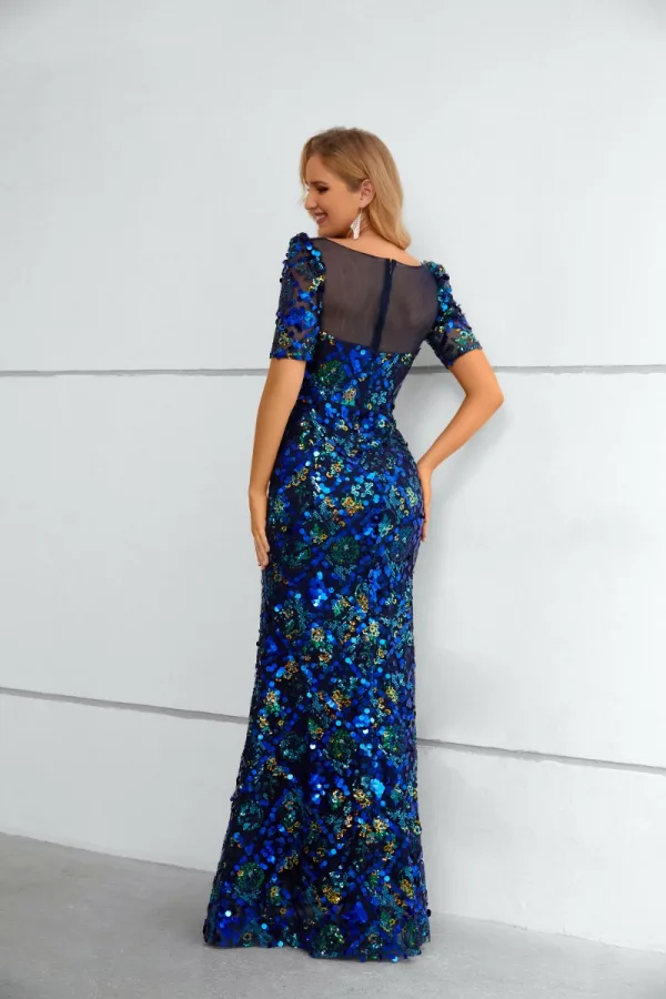 Sparkly Royal Blue Multi-Colors Sequins Evening Dresses 2023 Trumpet / Mermaid Scoop Neck Short Sleeve Floor-Length / Long Evening Party Formal Dresses