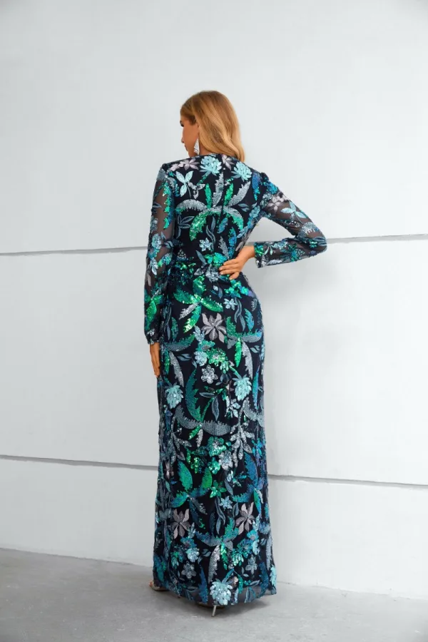 Sparkly Green Sequins Evening Dresses 2023 Trumpet / Mermaid V-Neck Long Sleeve Floor-Length / Long Evening Party Formal Dresses