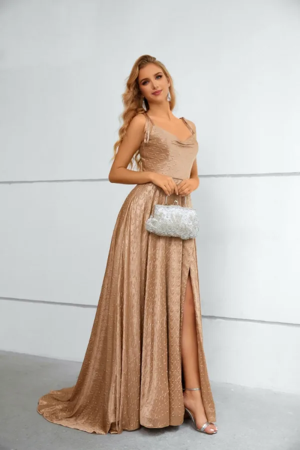 Chic / Beautiful Khaki Evening Dresses Prom Dresses 2023 A-Line / Princess Spaghetti Straps Sleeveless Backless Sweep Train Evening Party Formal Dresses