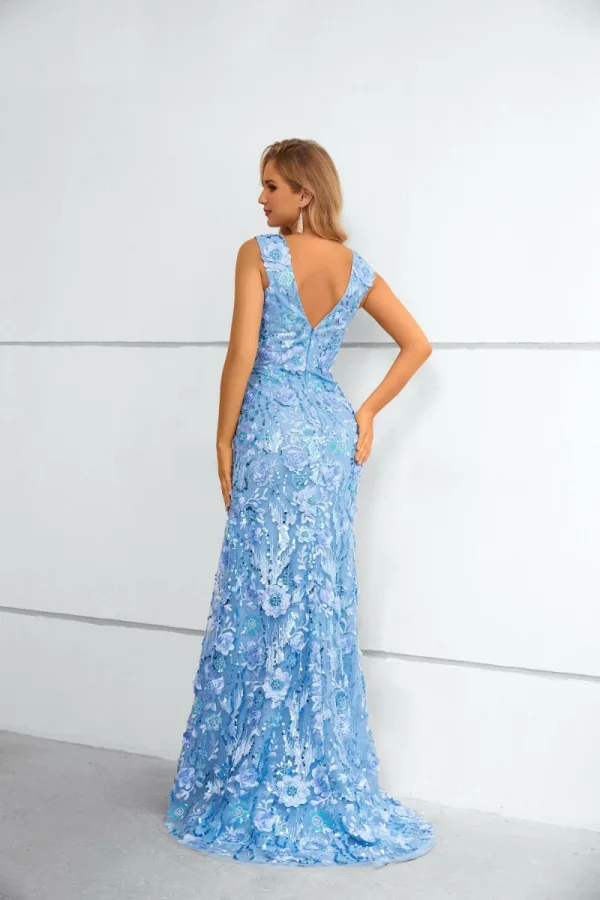Sparkly Sky Blue Beading Sequins Lace Flower Evening Dresses 2023 Trumpet / Mermaid V-Neck Sleeveless Floor-Length / Long Evening Party Formal Dresses