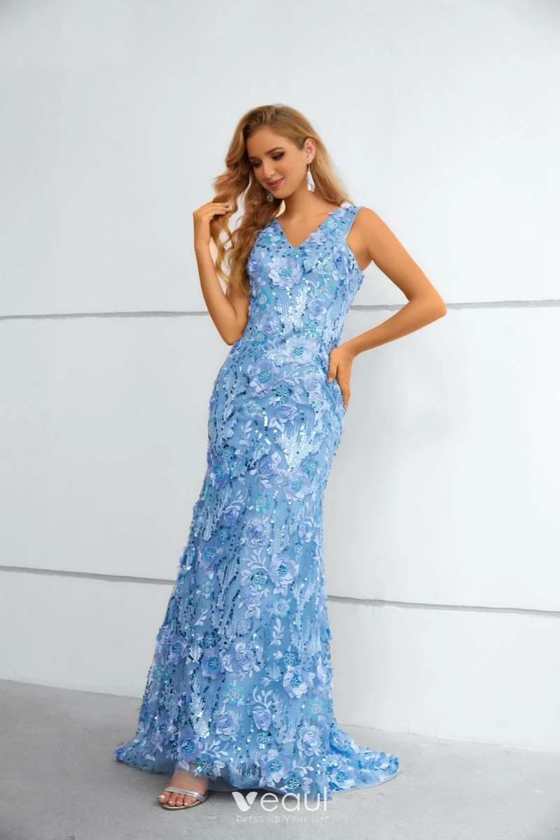 Sparkly Sky Blue Beading Sequins Lace Flower Evening Dresses 2023