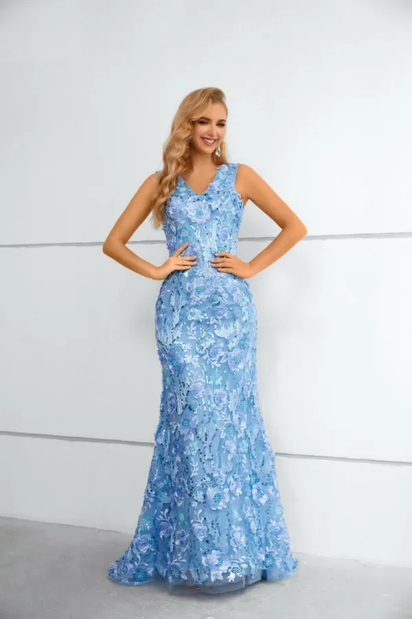 Sparkly Sky Blue Beading Sequins Lace Flower Evening Dresses 2023 Trumpet / Mermaid V-Neck Sleeveless Floor-Length / Long Evening Party Formal Dresses