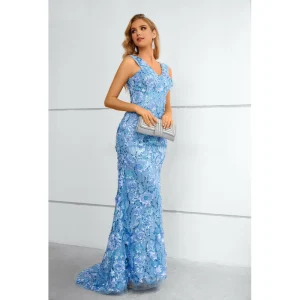 Sparkly Sky Blue Beading Sequins Lace Flower Evening Dresses 2023 Trumpet Mermaid V Neck Sleeveless Floor Length Long Evening Party Formal Dresses