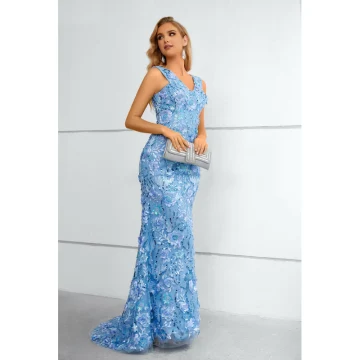 Sparkly Sky Blue Beading Sequins Lace Flower Evening Dresses 2023 Trumpet Mermaid V Neck Sleeveless Floor Length Long Evening Party Formal Dresses