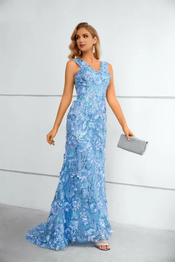 Sparkly Sky Blue Beading Sequins Lace Flower Evening Dresses 2023 Trumpet / Mermaid V-Neck Sleeveless Floor-Length / Long Evening Party Formal Dresses
