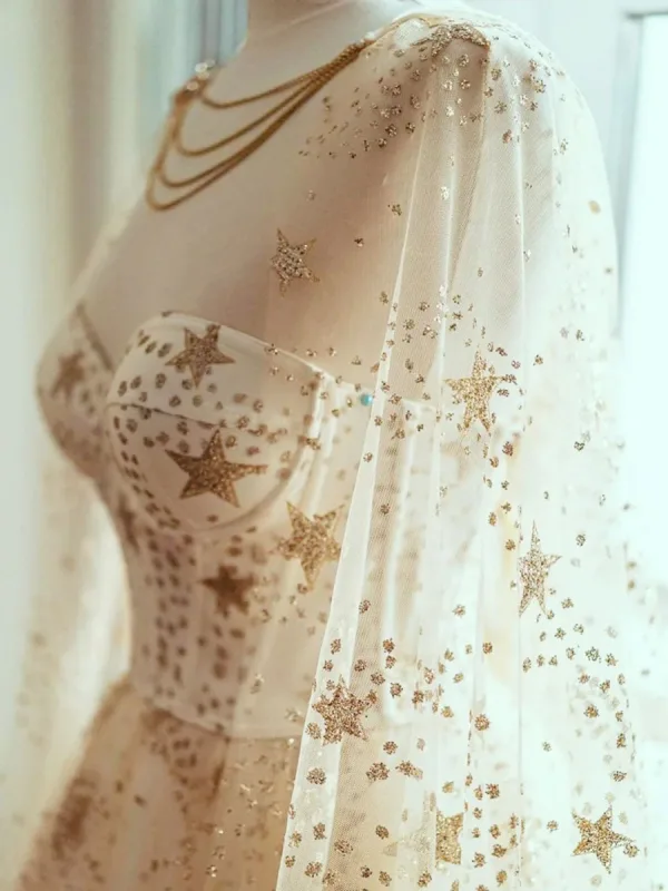 Sparkly Champagne Star Sequins Prom Dresses 2024 A-Line / Princess Scoop Neck Sleeveless Sweep Train Formal Dresses