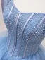 Scintillantes Bleu Ciel Perlage Paillettes Volants en Cascade Robe De Bal 2024 Robe Boule De l'épaule Manches Courtes Dos Nu Longue Robe De Ceremonie