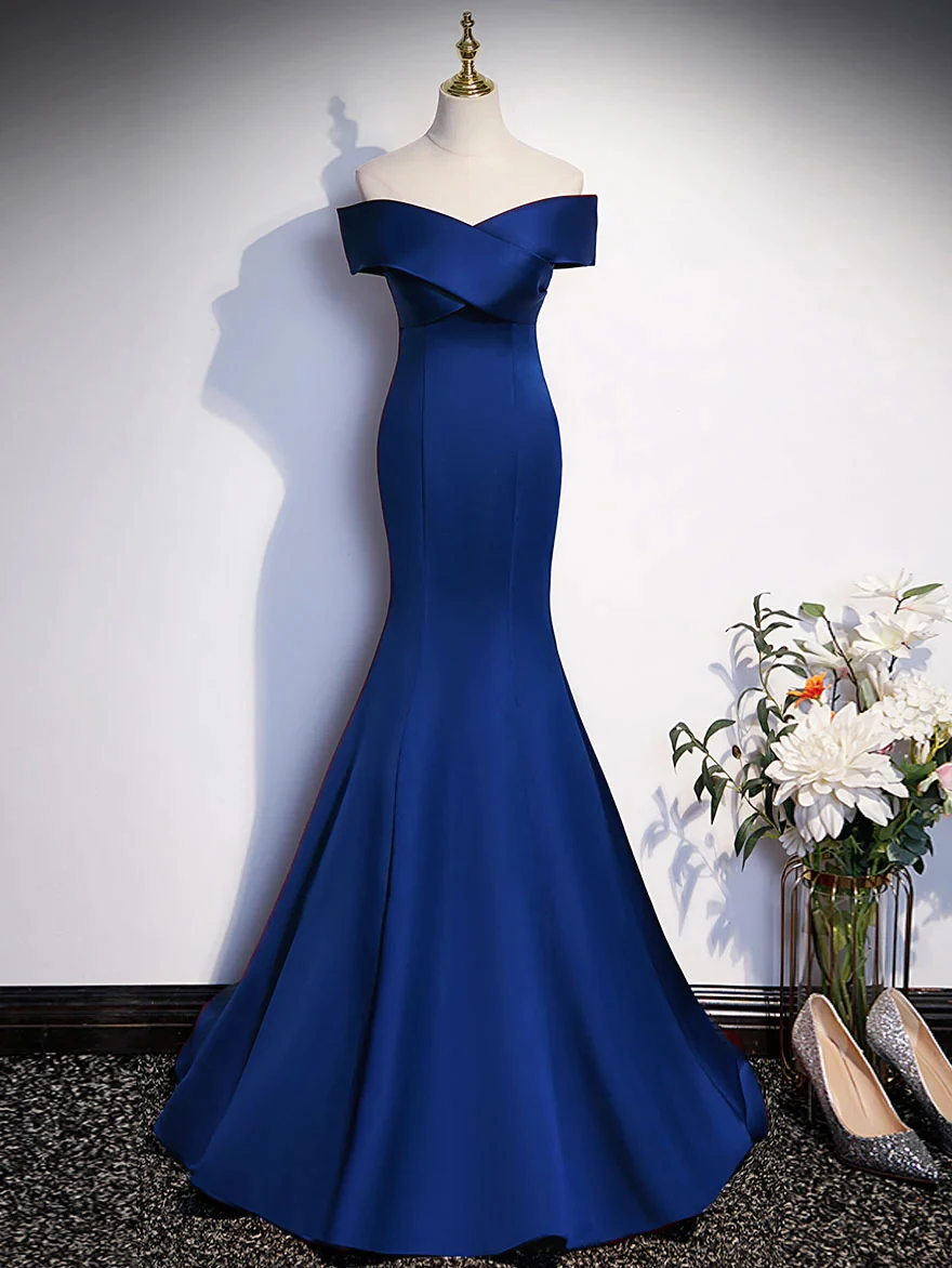 chinese dress ladies Royal Blue Mermaid Satin Long Prom Dress, Off Shoulder Blue Evening Dress US 10 / Black main image 1