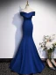 Vintage / Retro Royal Blue Satin Prom Dresses 2024 Trumpet / Mermaid Off-The-Shoulder Sleeveless Backless Bow Floor-Length / Long Formal Dresses
