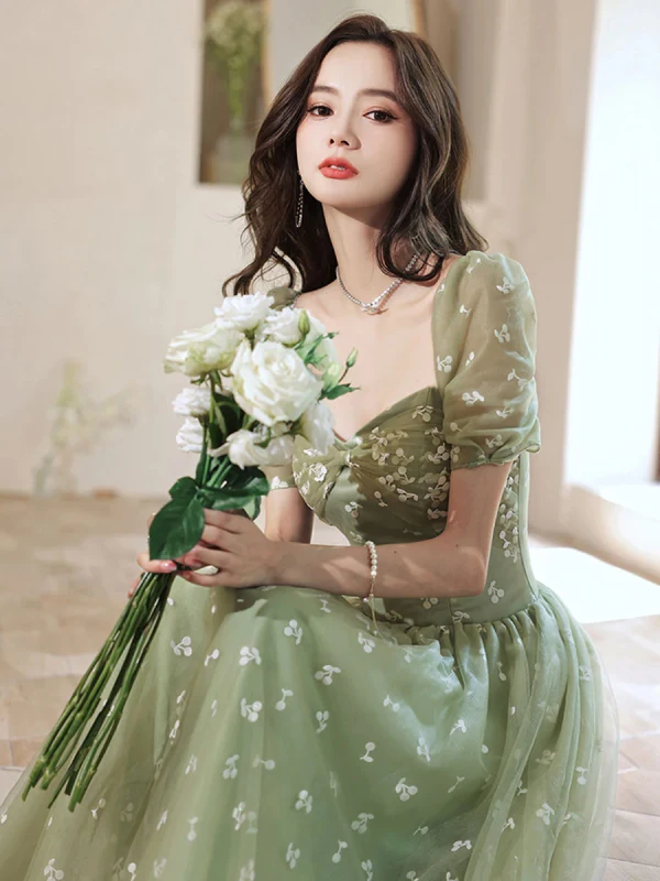 Chic / Belle Vert Cendré Floral Robe De Bal 2024 Princesse Encolure Carrée Manches Courtes Dos Nu Longue Robe De Ceremonie