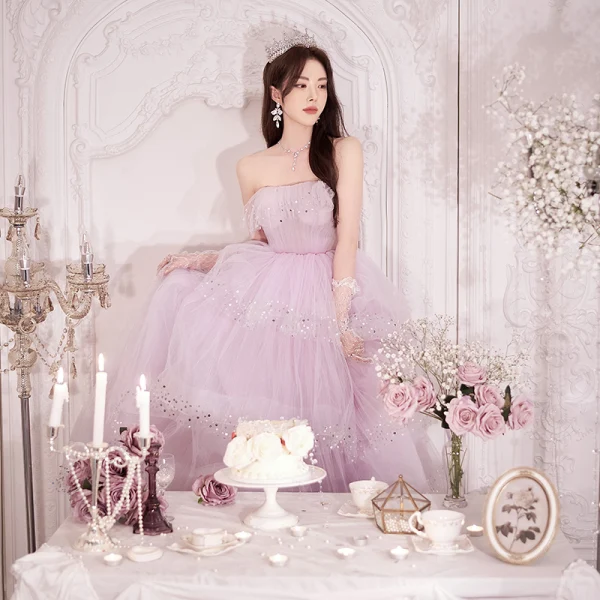 Charmant Rougissant Rose Paillettes Robe De Bal 2022 Princesse Bustier Sans Manches Dos Nu Volants en Cascade Longue Robe De Ceremonie