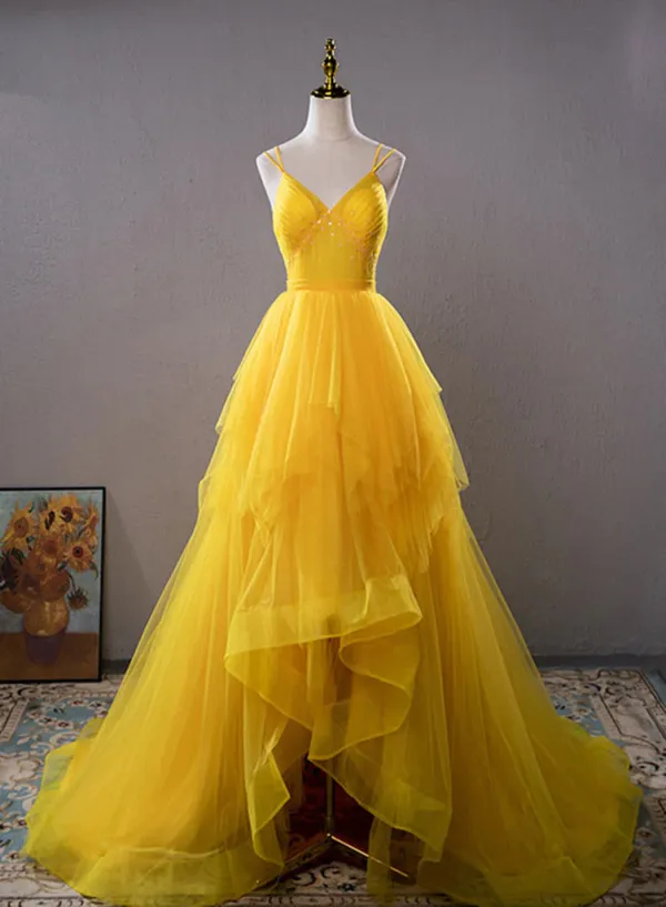 Chic Beautiful Yellow Beading Cascading Ruffles Asymmetrical Prom Dresses 2024 A Line Princess Spaghetti Straps Sleeveless Backless Sweep Train Formal Dresses
