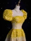 Western Two Tone Yellow 2024 Prom Dresses A-Line / Princess Sequins Square Neckline Short Sleeve Zipper Up Floor-Length / Long Formal Dresses