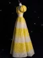 Western Two Tone Yellow 2024 Prom Dresses A-Line / Princess Sequins Square Neckline Short Sleeve Zipper Up Floor-Length / Long Formal Dresses