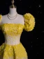 Western Two Tone Yellow 2024 Prom Dresses A-Line / Princess Sequins Square Neckline Short Sleeve Zipper Up Floor-Length / Long Formal Dresses