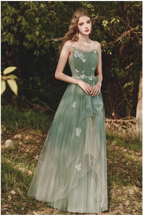 Elegant Sage Green Evening Dresses  Prom Dresses 2020 A-Line / Princess Shoulders Sleeveless Appliques Butterfly Lace Glitter Tulle Floor-Length / Long Ruffle Backless