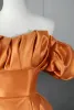 Chic / Beautiful Orange Ruffle Off-The-Shoulder Prom Dresses 2024 A-Line / Princess Short Sleeve Backless Floor-Length / Long Prom Formal Dresses