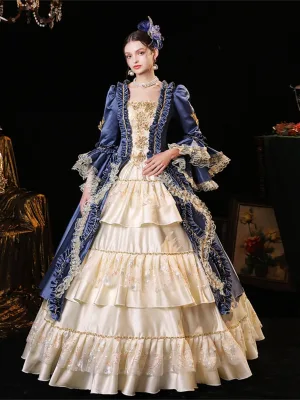 Vintage Mittelalterlich Königliches Blau Ballkleider 2023 Gekreuzte Träger 3 D Spitze Geschwollenes Lange Polyester Bandeau 3 4 Ärmel Ballkleid Ball Festliche Kleider