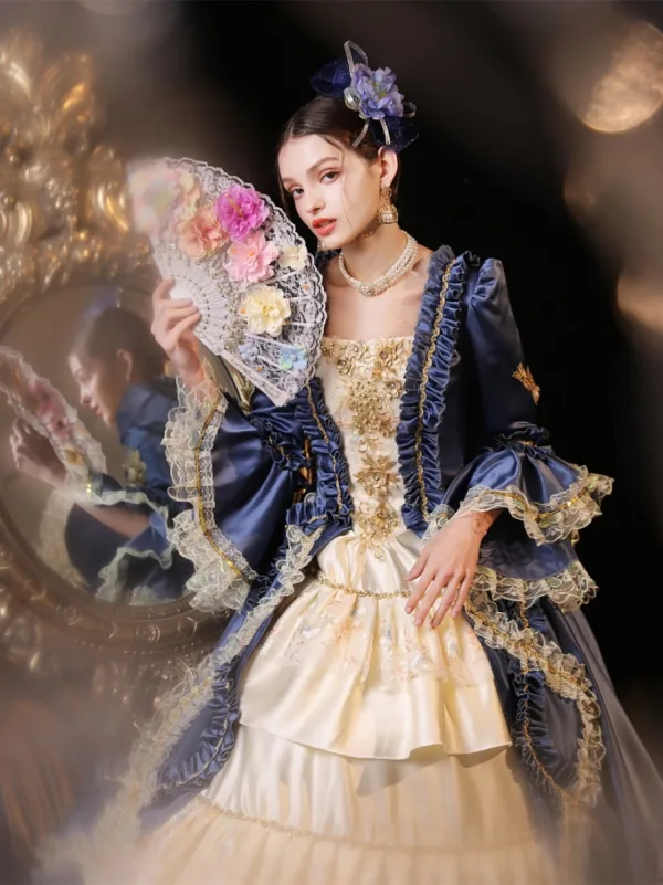 Vintage Retro Medieval Royal Blue Prom Dresses 2023 Crossed Straps 3D Lace Puffy Long