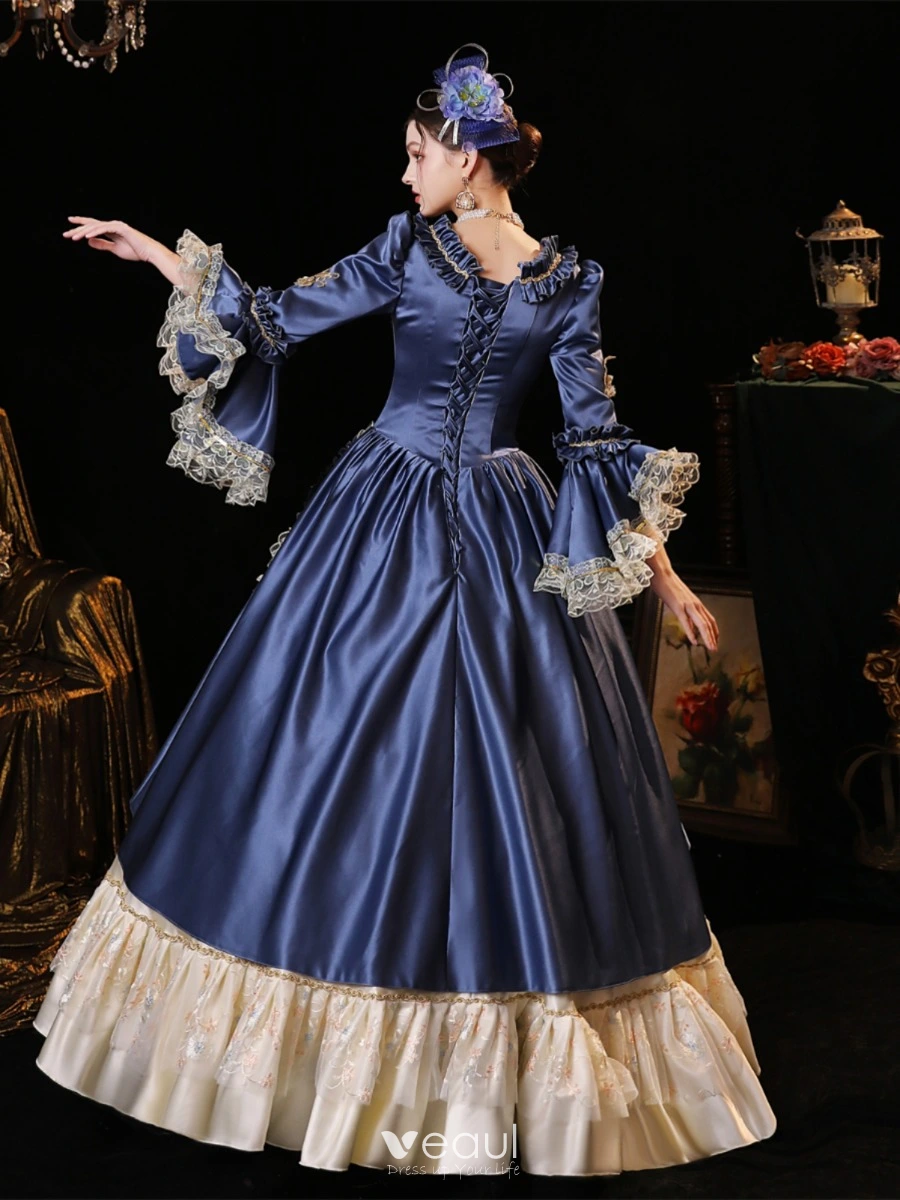 Vintage / Retro Medieval Royal Blue Prom Dresses 2023 Crossed Straps 3D  Lace Puffy Floor-Length / Long Polyester Strapless 3/4 Sleeve Ball Gown  Prom Formal Dresses