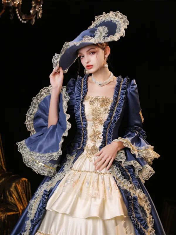 Vintage / Retro Medieval Royal Blue Prom Dresses 2023 Crossed Straps 3D Lace Puffy Floor-Length / Long Polyester Strapless 3/4 Sleeve Ball Gown Prom Formal Dresses