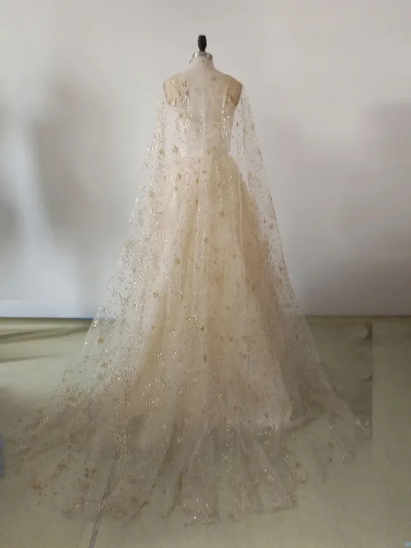Sparkly Champagne Star Sequins Prom Dresses 2024 A-Line / Princess Scoop Neck Sleeveless Sweep Train Formal Dresses