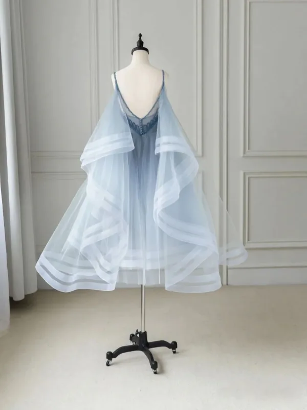 Mode Bleu Ciel Dégradé De Couleur Perlage de retour Volants en Cascade Robe De Graduation 2024 Princesse Bretelles Spaghetti Sans Manches Dos Nu Thé Longueur
