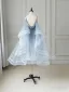 Mode Bleu Ciel Dégradé De Couleur Perlage de retour Volants en Cascade Robe De Graduation 2024 Princesse Bretelles Spaghetti Sans Manches Dos Nu Thé Longueur